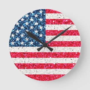 Relógio Redondo Red White Blue Glitter Patriotic American Flag