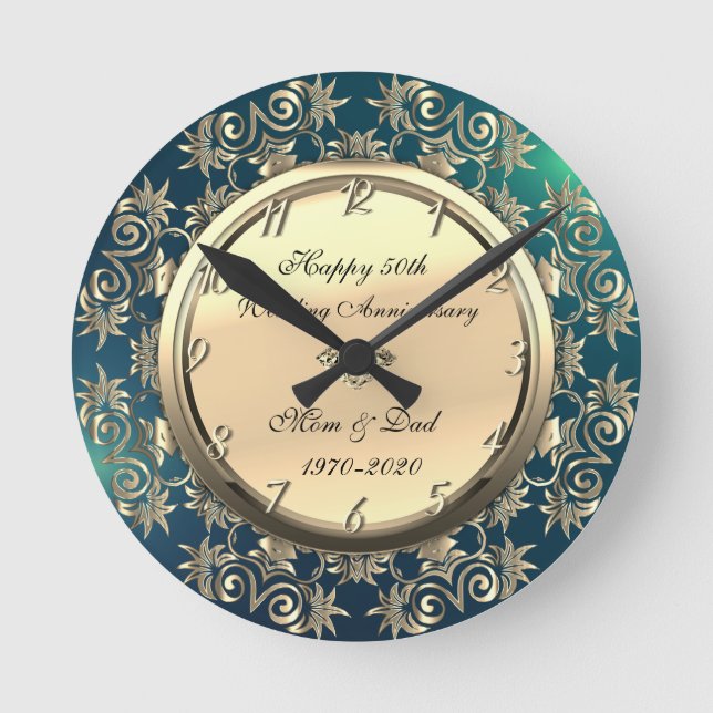 Relógio Redondo Redemoinhos de Ouro Diamante Verde 50º Aniversário (Frente)