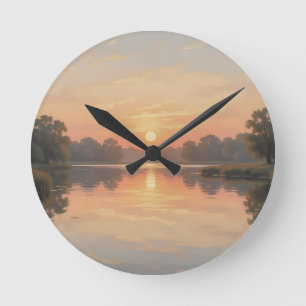Relógio Redondo Reflexo do Lago na Hora Dourada Impressionista