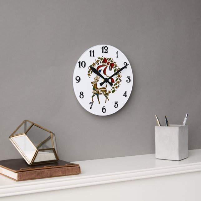 Relógio Redondo Reindeer de Natal e Estrelas (Escritório)