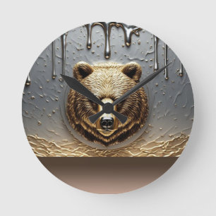 Relógio Redondo Relevo de Urso Dourado Com Efeito de Gotejamento d