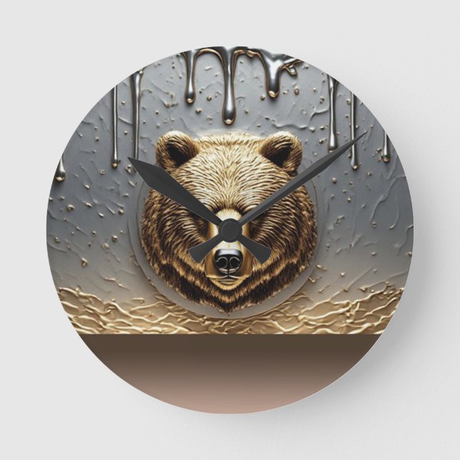 Relógio Redondo Relevo de Urso Dourado Com Efeito de Gotejamento d (Frente)