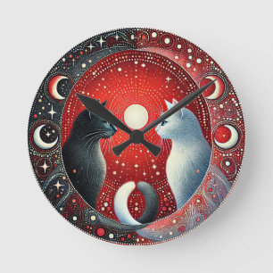 Relógio Redondo Representação Artística de Gatos Yin e Yang