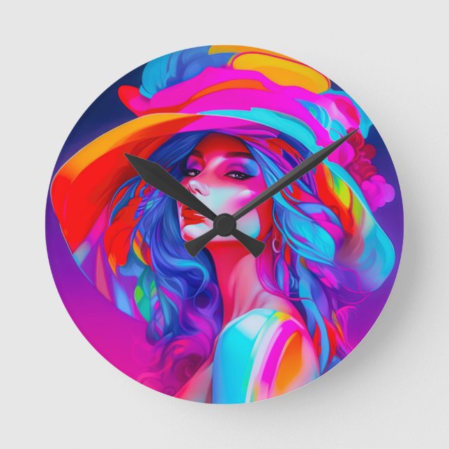 Relógio Redondo Retrato de Arte Pop Neon  (Frente)