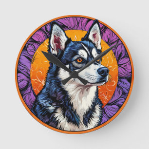 Relógio Redondo Retrato de Cachorro com Fundo Inspirado em Mosaico