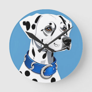 Relógio Redondo Retrato de Cão Dálmata com Coleira Azul