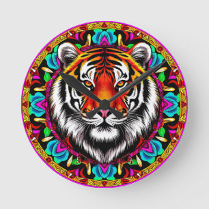 Relógio Redondo Retrato de Tigre com Desenho de Mandala
