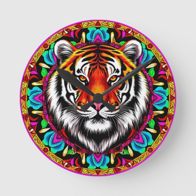 Relógio Redondo Retrato de Tigre com Desenho de Mandala (Frente)