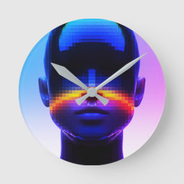 Relógio Redondo Retrato Futurista em Pixel Art – Abstrato Digital