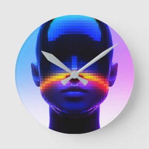 Relógio Redondo Retrato Futurista em Pixel Art – Abstrato Digital