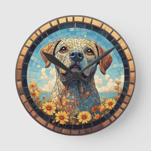 Relógio Redondo Retrato Mosaico de Labrador em Moldura Circular de