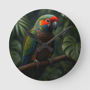 Relógio Redondo Retrato Vibrante de Papagaio Tropical na Selva