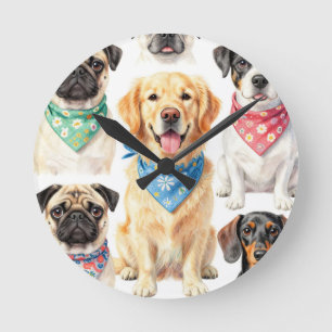 Relógio Redondo Retratos de Cachorro Fofos Colar de Bandana Aquare