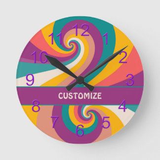 Relógio Redondo Retro 60s 70s Colorido Hippie Boho Swirl