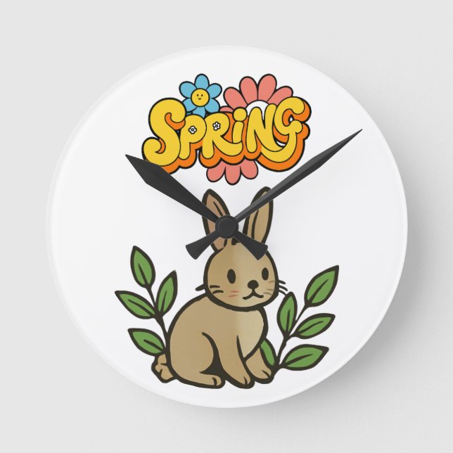 Relógio Redondo Retro 70s Spring Bunny Graphic Design (Frente)