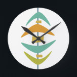 Relógio Redondo Retro Boomerang Aqua Orange Green Meio século<br><div class="desc">Este relógio de cozinha moderno,  de meio século funky,  apresenta bumerangue e formas retangulares suspensos nas cores azul-aqua,  laranja,  verde-abacate e azul. Isso vai fazer uma adição divertida e fabulosa à sua parede!</div>