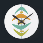 Relógio Redondo Retro Boomerang Aqua Orange Green Meio século<br><div class="desc">Este relógio de cozinha moderno,  de meio século funky,  apresenta bumerangue e formas retangulares suspensos nas cores azul-aqua,  laranja,  verde-abacate e azul. Isso vai fazer uma adição divertida e fabulosa à sua parede!</div>