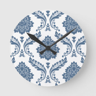 Relógio Redondo Rococo Damask Padrão Grande Azul no Branco