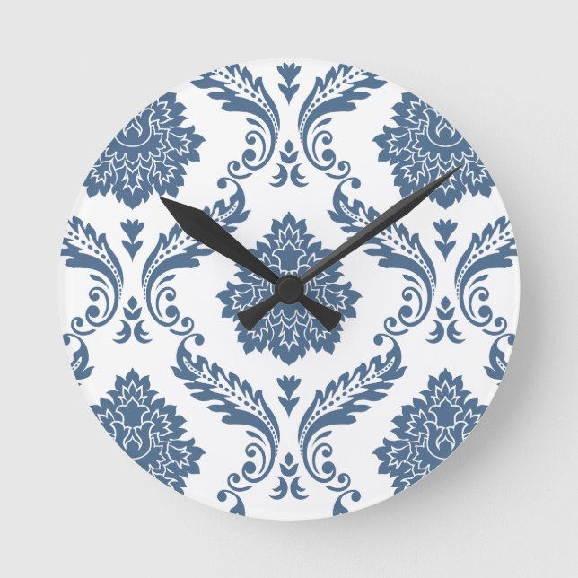 Relógio Redondo Rococo Damask Padrão Grande Azul no Branco (Frente)