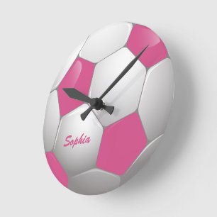 Relógio Redondo Rosa customizável e branco da bola de futebol do