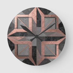 Relógio Redondo Rosa Dourado Preto Mármore Geométrico