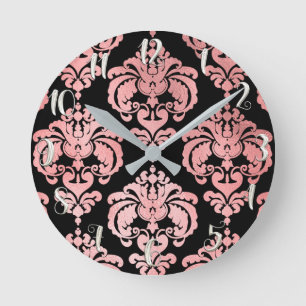 Relógio Redondo Rosa Dourado Rosa & Preto Damasco Moderno Personal