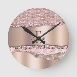 Relógio Redondo Rosa Dourado Tendência Diamantes Brilho Monograma