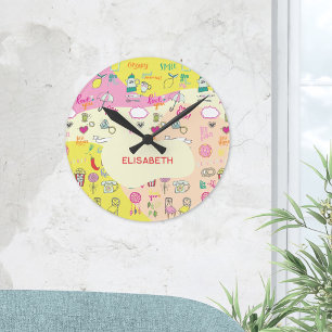 Relógio Redondo Rosa Pastel Feminino Kawaii Doodle