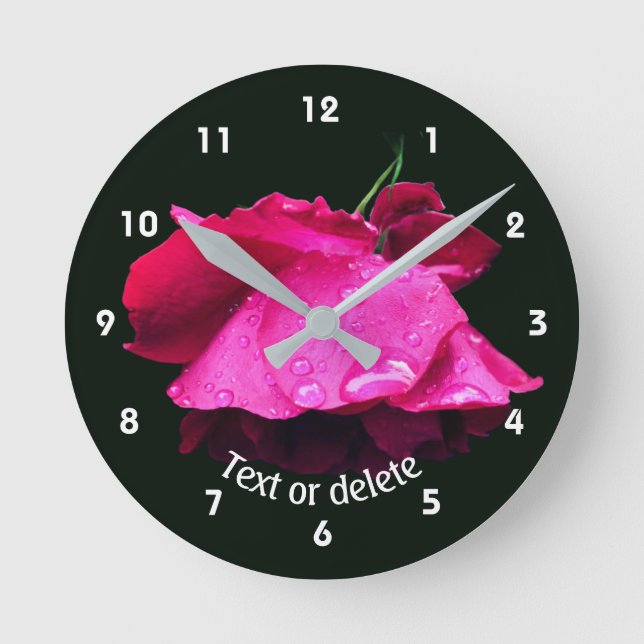 Relógio Redondo Rosa Vermelha Flor Gotículas Personalizadas (Frente)