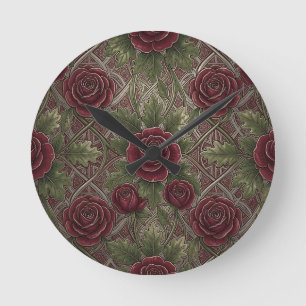 Relógio Redondo Rosas Burgundy Vermelho Intenso Treliça Ornata Ver
