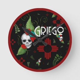 Relógio Redondo Rosas do crânio Zia Sun Greenery Black Novo México