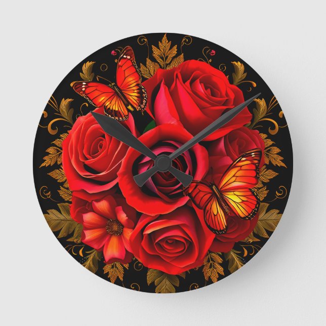 Relógio Redondo Rosas Vermelhas Elegantes com Borboletas (Frente)