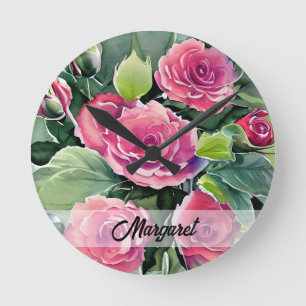 Relógio Redondo Rosas Vermelhas Personalizadas em Aquarela