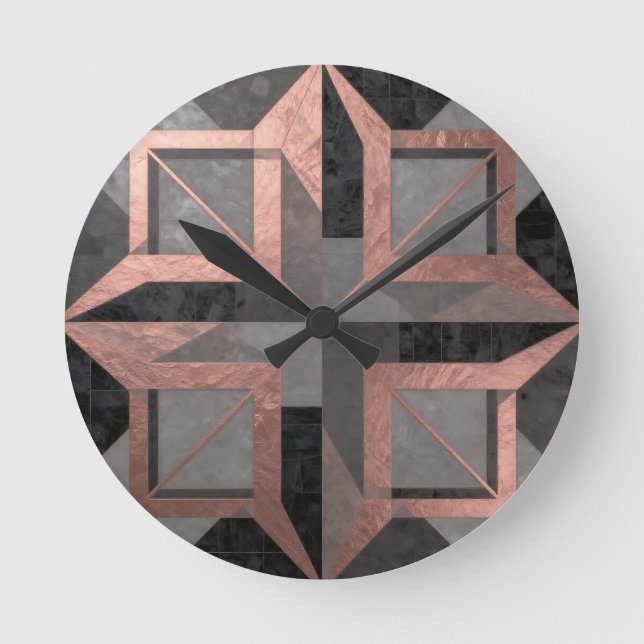 Relógio Redondo Rose Gold Black Geometric Marble (Frente)