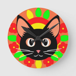 Relógio Redondo Rosto de Gato Fofo Ilustração Vibrante
