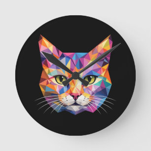 Relógio Redondo Rosto de Gato Geométrico Colorido Arte de Triângul