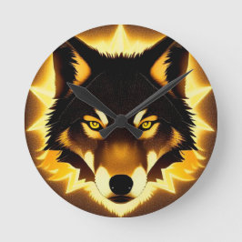Relógio Redondo Rosto do Lobo Radiante Iluminado pela Luz do Ouro