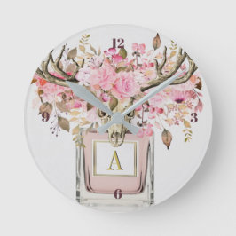 Relógio Redondo Rustic Boho Bull Crânio Monograma Floral Chic