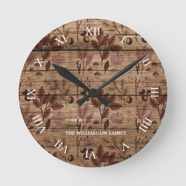 Relógio Redondo Rustic Brown Wooden Fall Pattern Family Name  (Frente)