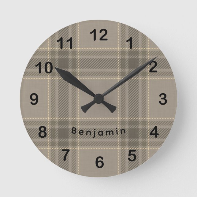 Relógio Redondo Rustic Farmhouse Beige Grey Plaid Tartan (Frente)