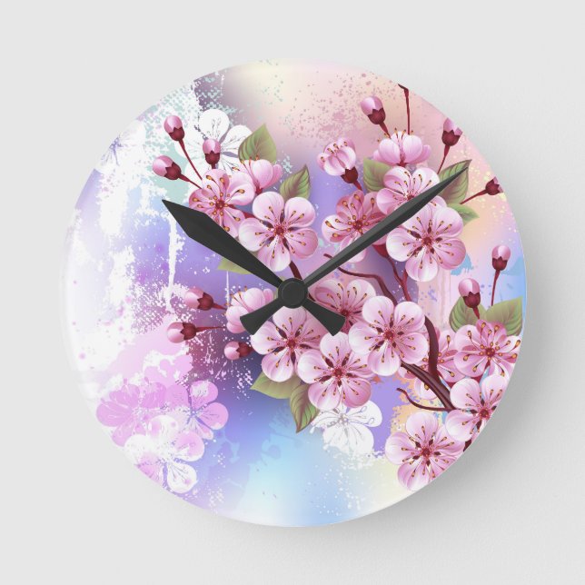 Relógio Redondo Sakura rosa no fundo da pintura (Frente)