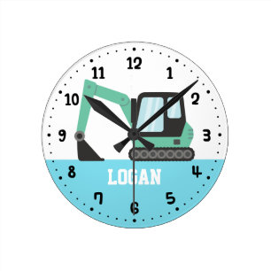 Relógio Redondo Sala de Crianças Digger de Construção Verde