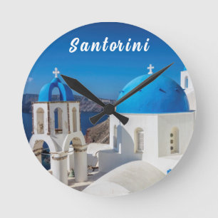 Relógio Redondo Santorini com igreja azul e branca