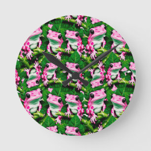 Relógio Redondo Sapo Rosa No Padrão De Folha Verde Design