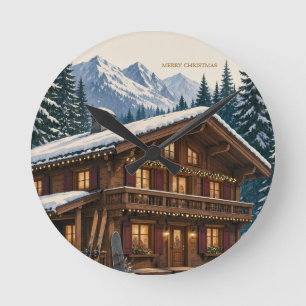Relógio Redondo Saudação de Natal Chalé de Inverno Alpino Nevado