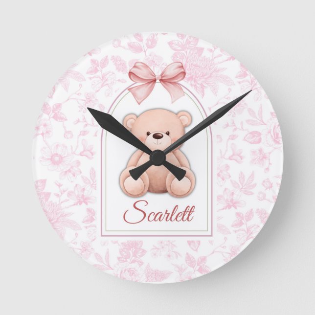 Relógio Redondo Scarlett | Design de Enfermeiro de Urso Rosa Perso (Frente)