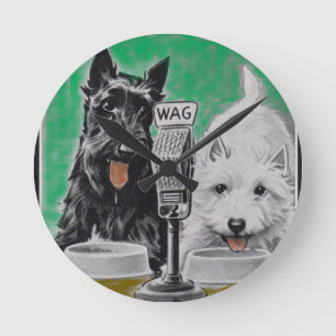 Relógio Redondo Scottie dogs Blackie e Whitie na rádio