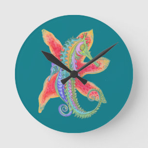 Relógio Redondo seahorse and starfish clock on teal