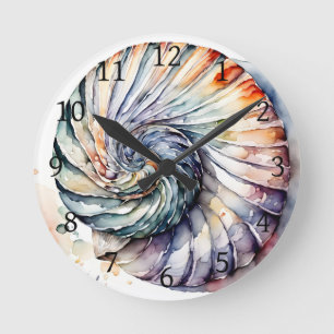 Relógio Redondo Seashell Shell Nautilus Design 357 Watercolor