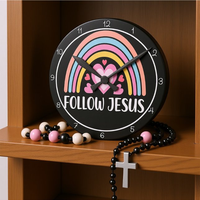 Relógio Redondo Seguir Jesus Arco-íris Com Corações Gráfico (Criador carregado)
